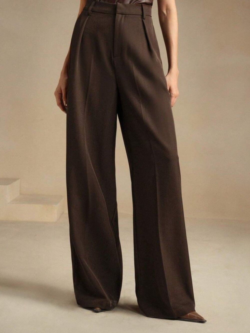 Brown Wide-Leg Suit Pants, Loose Fit
